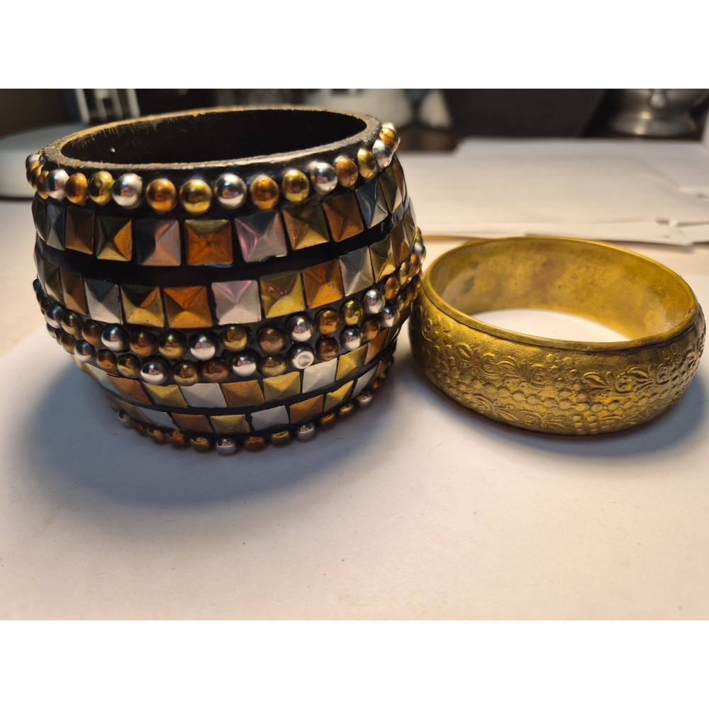 2 Bangle Slave  Bracelets Decorative Gold Tone Metal Faux Beads .Read Des.